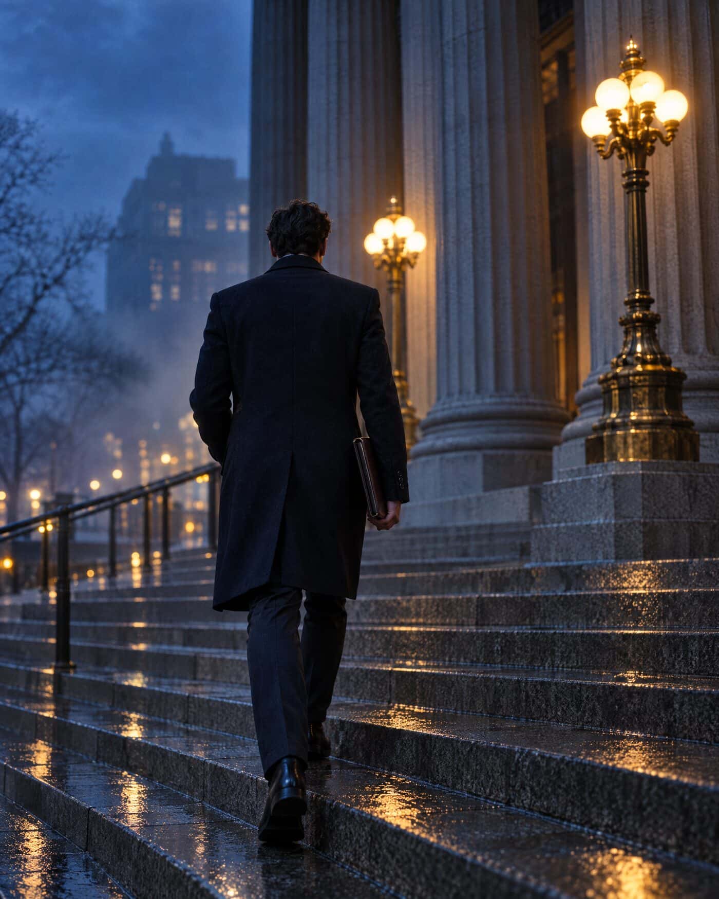 A process server in a dark overcoat climbing granite courthouse steps at dawn