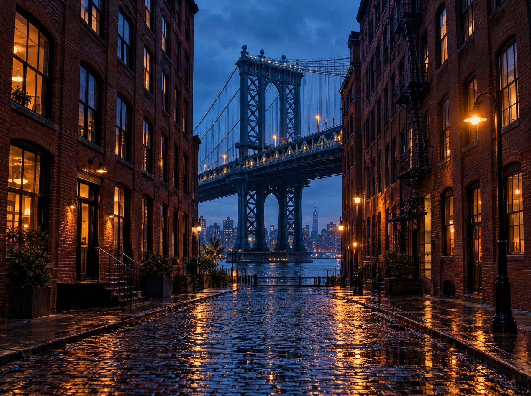 A DUMBO cobblestone street framed by the Manhattan Bridge