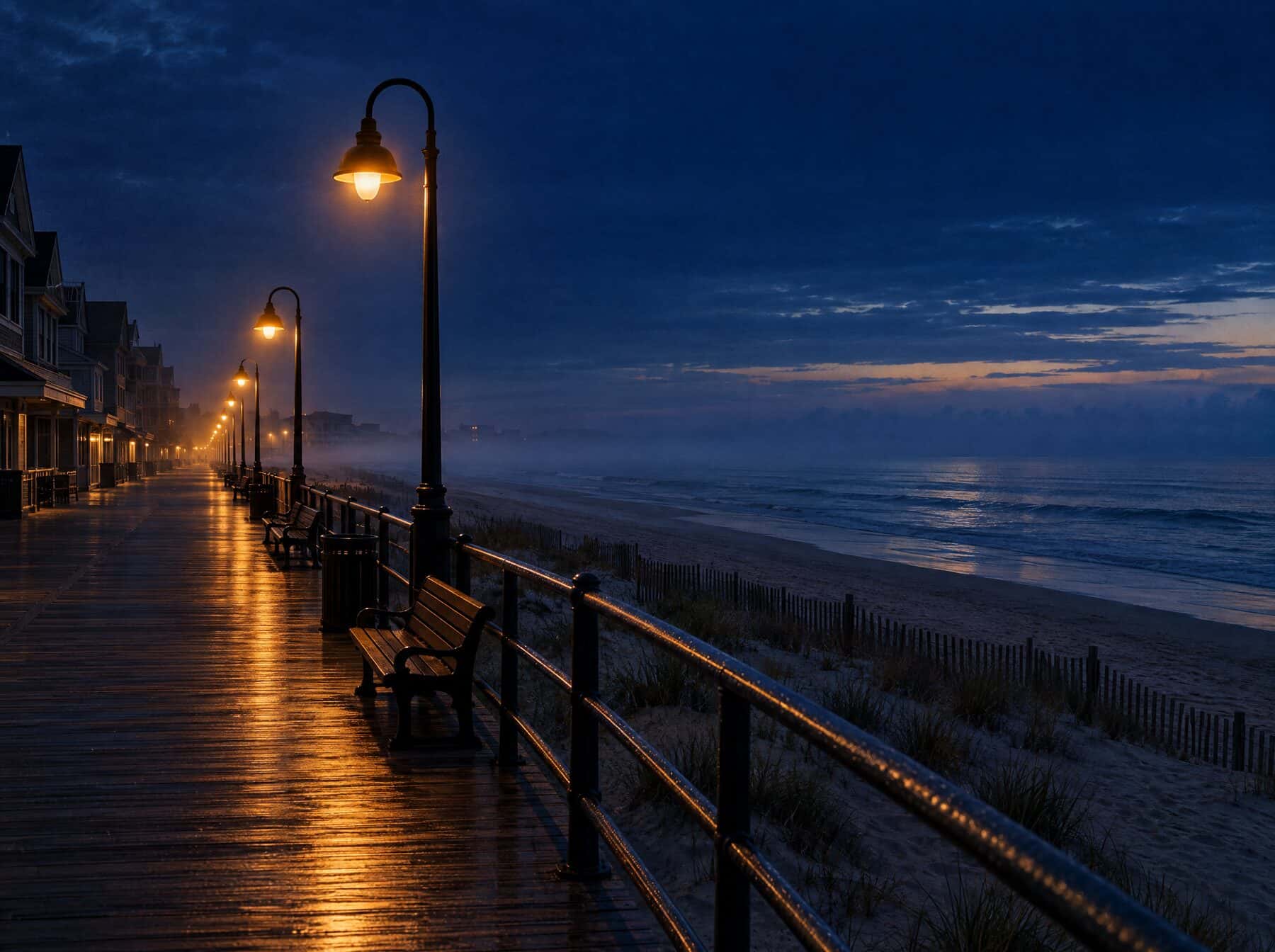 An empty Jersey Shore boardwalk at blue hour