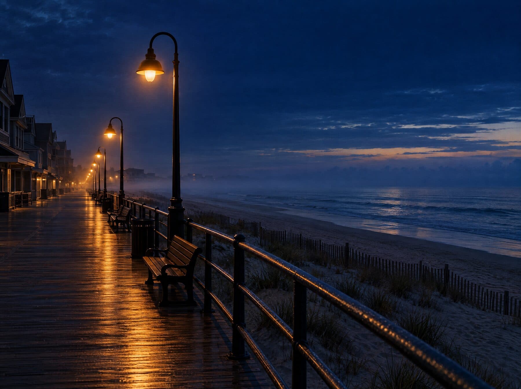 An empty Jersey Shore boardwalk at blue hour