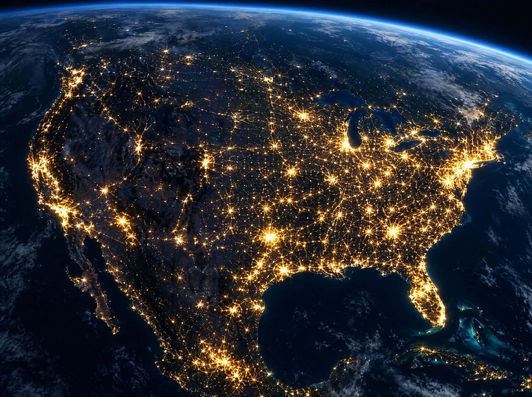City lights across the United States at night