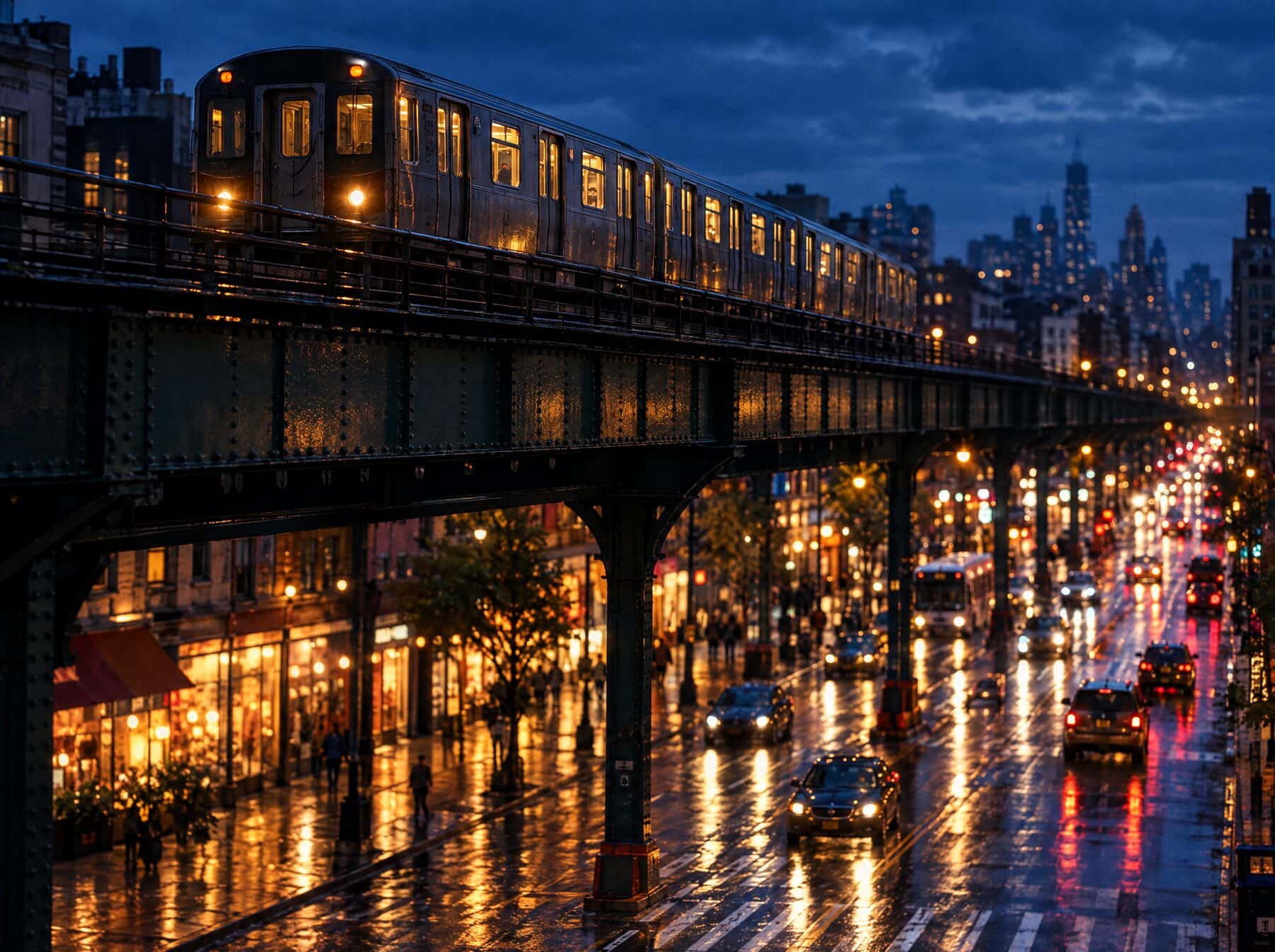 An elevated subway train over a Queens avenue at dusk