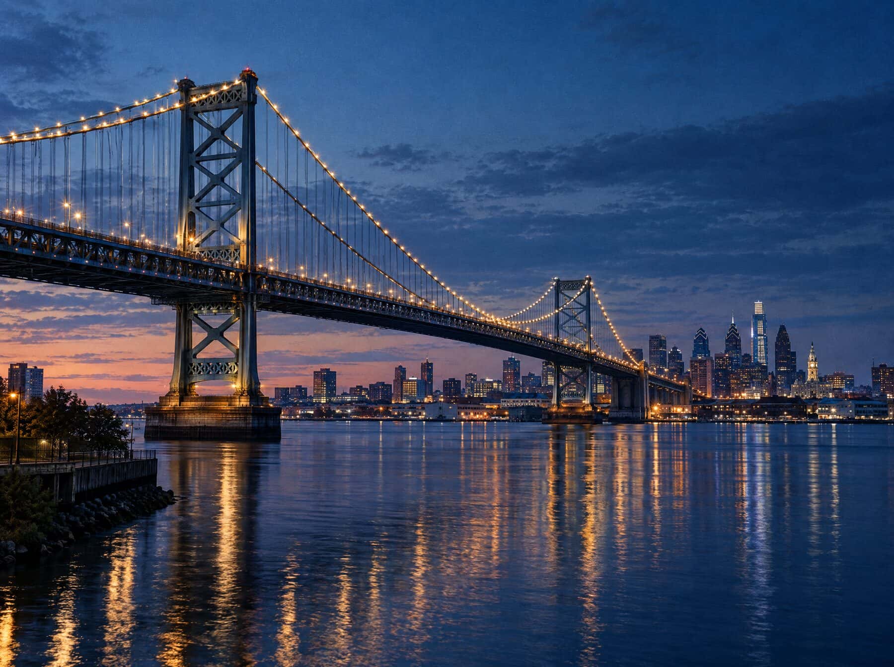 A lit suspension bridge over the Delaware River