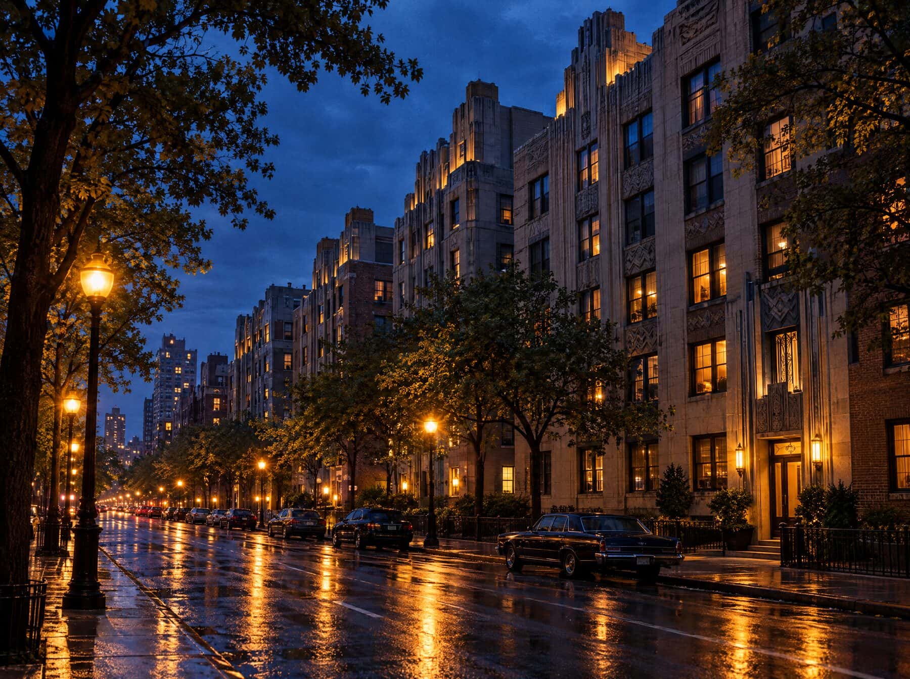 Art deco apartment buildings along a Bronx boulevard