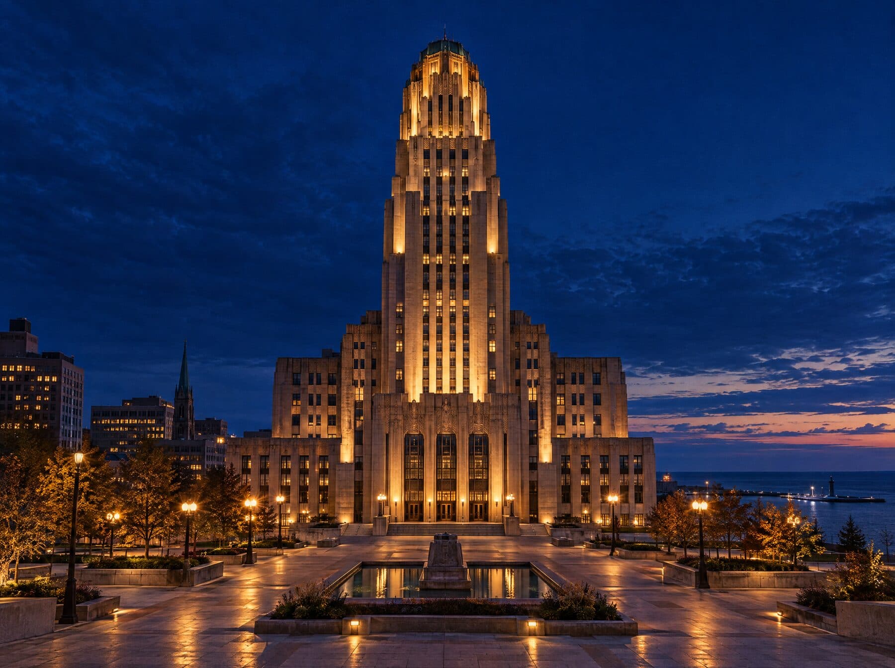 An art deco city hall tower in western New York