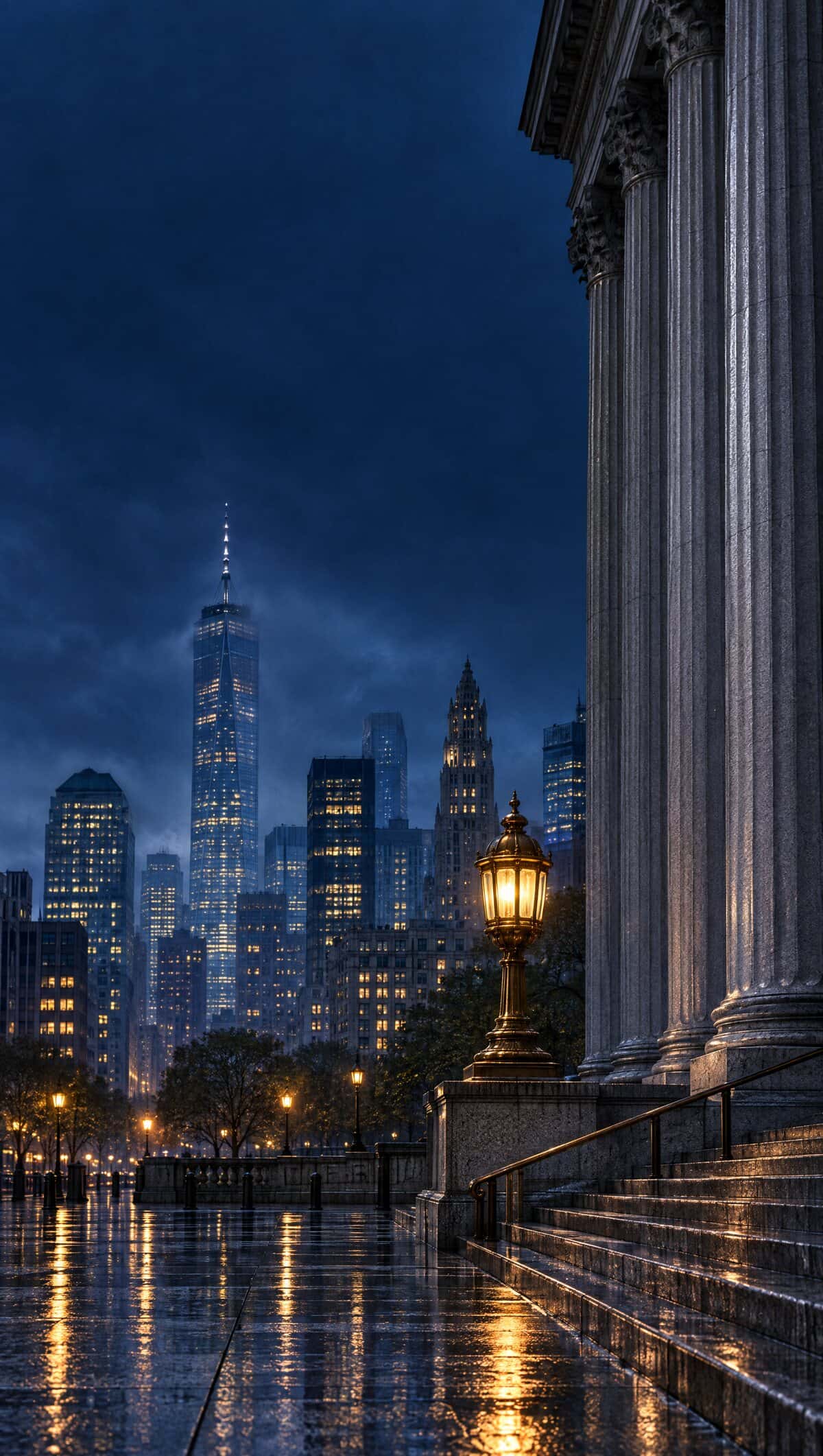 A New York courthouse colonnade and brass lamp at blue hour, rain-wet plaza reflecting the Lower Manhattan skyline