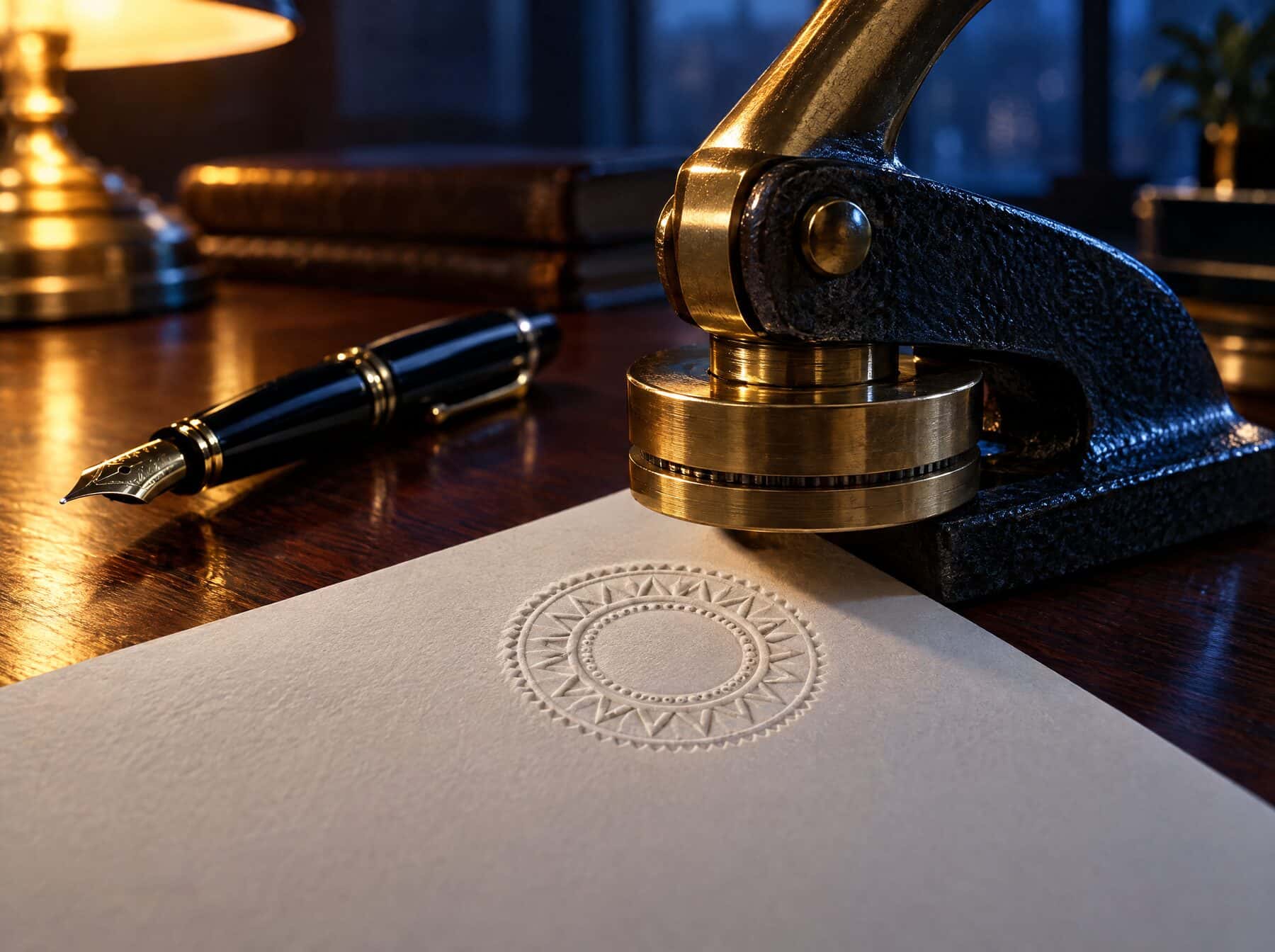 A brass notary embosser pressing a raised seal into paper