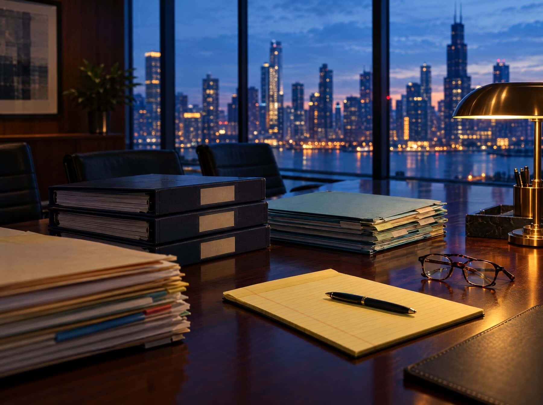 Case binders and a legal pad on a conference table overlooking the city