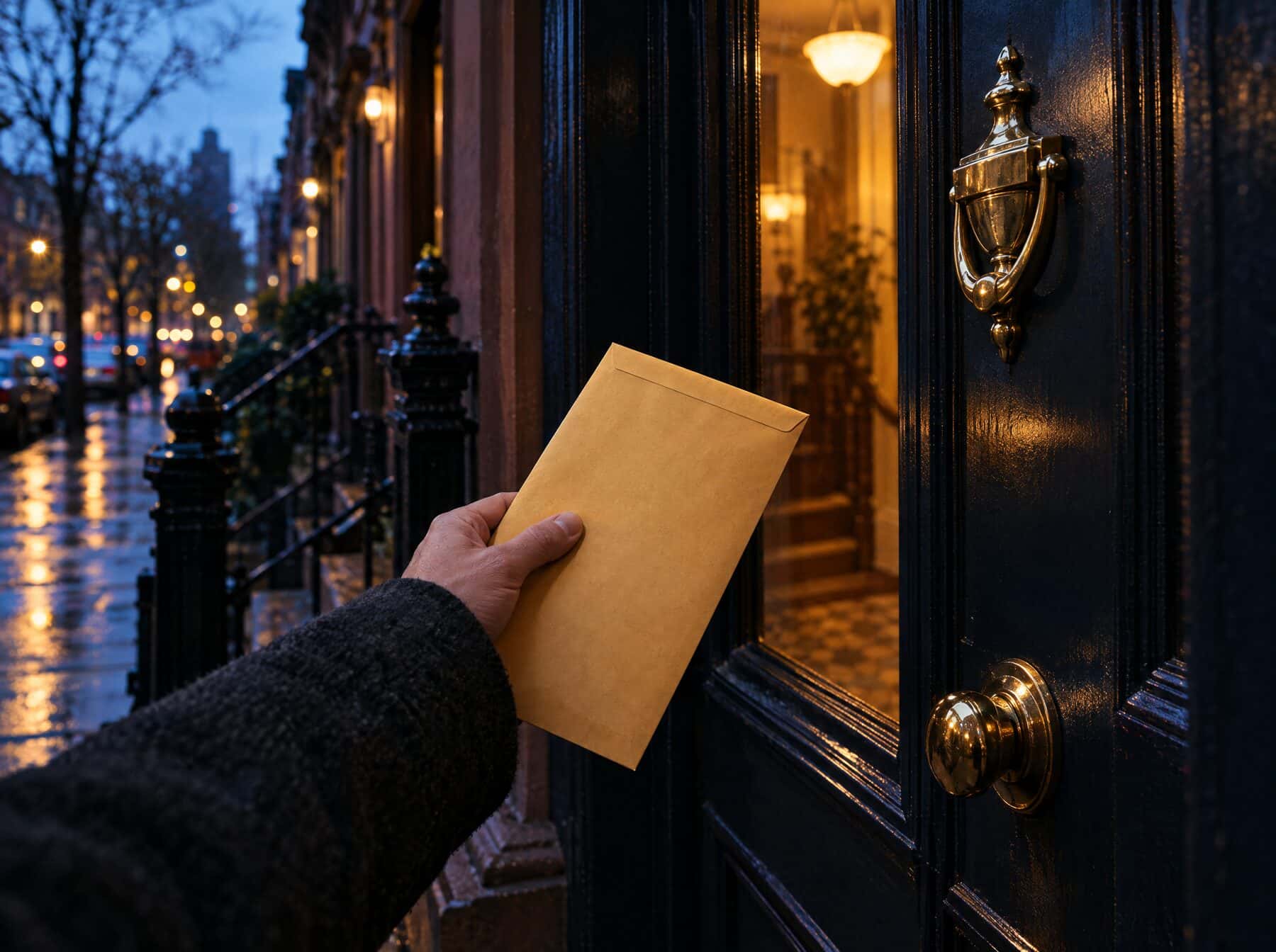 A manila legal envelope held at the door of a Brooklyn brownstone at dusk