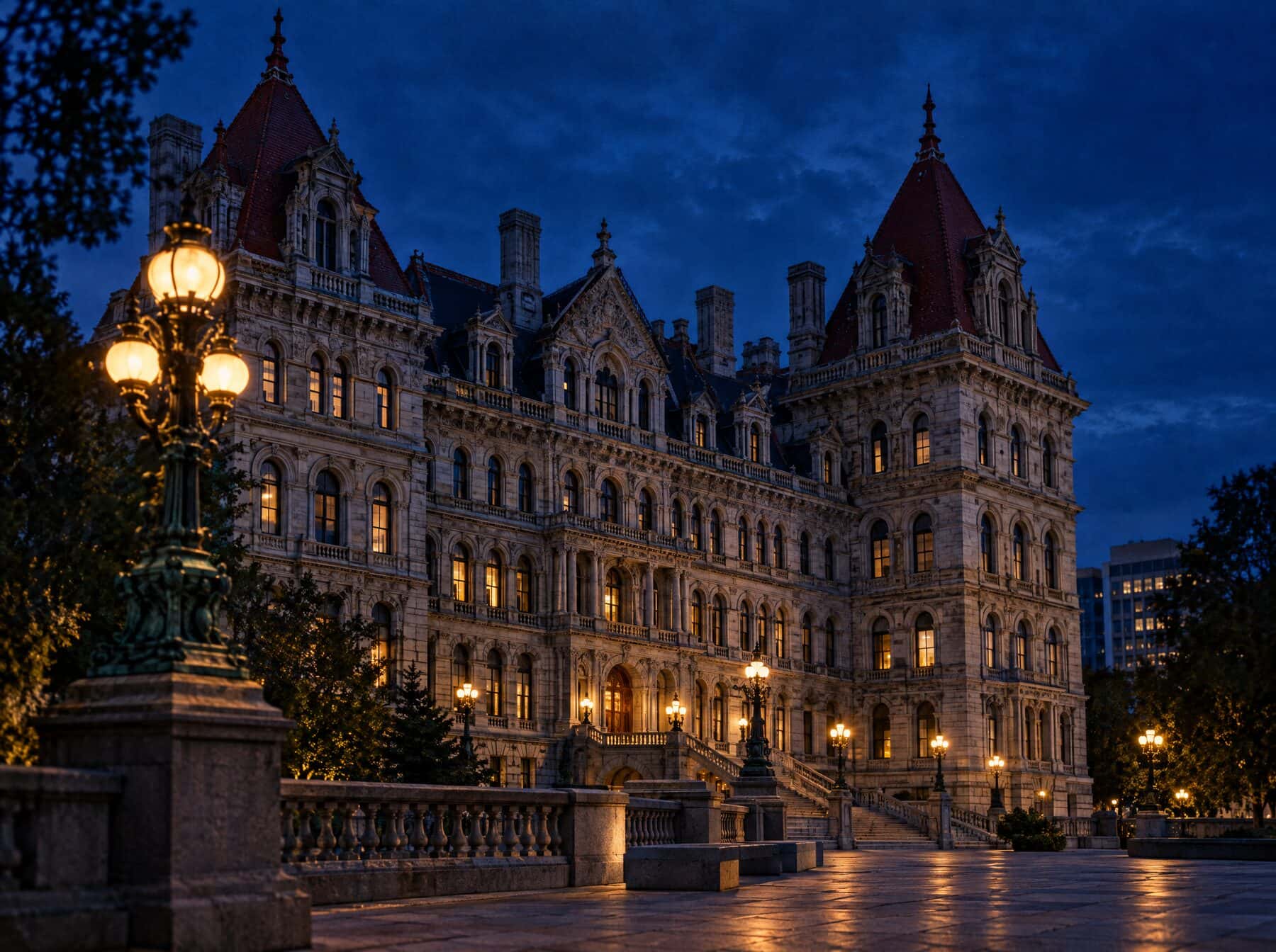 A state government building in Albany at blue hour