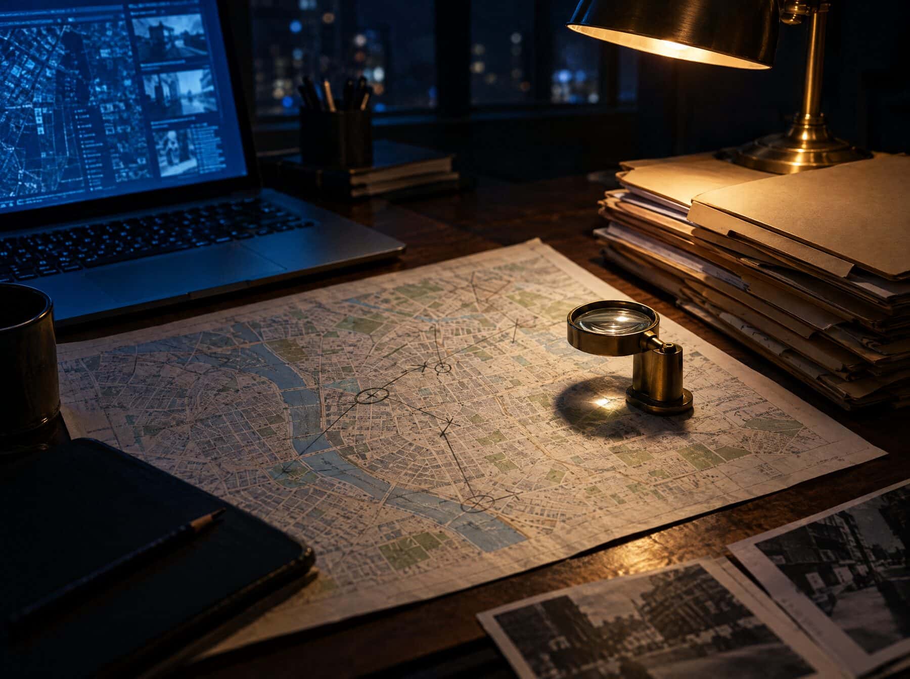 An investigator’s desk with a city map, loupe, and records folders