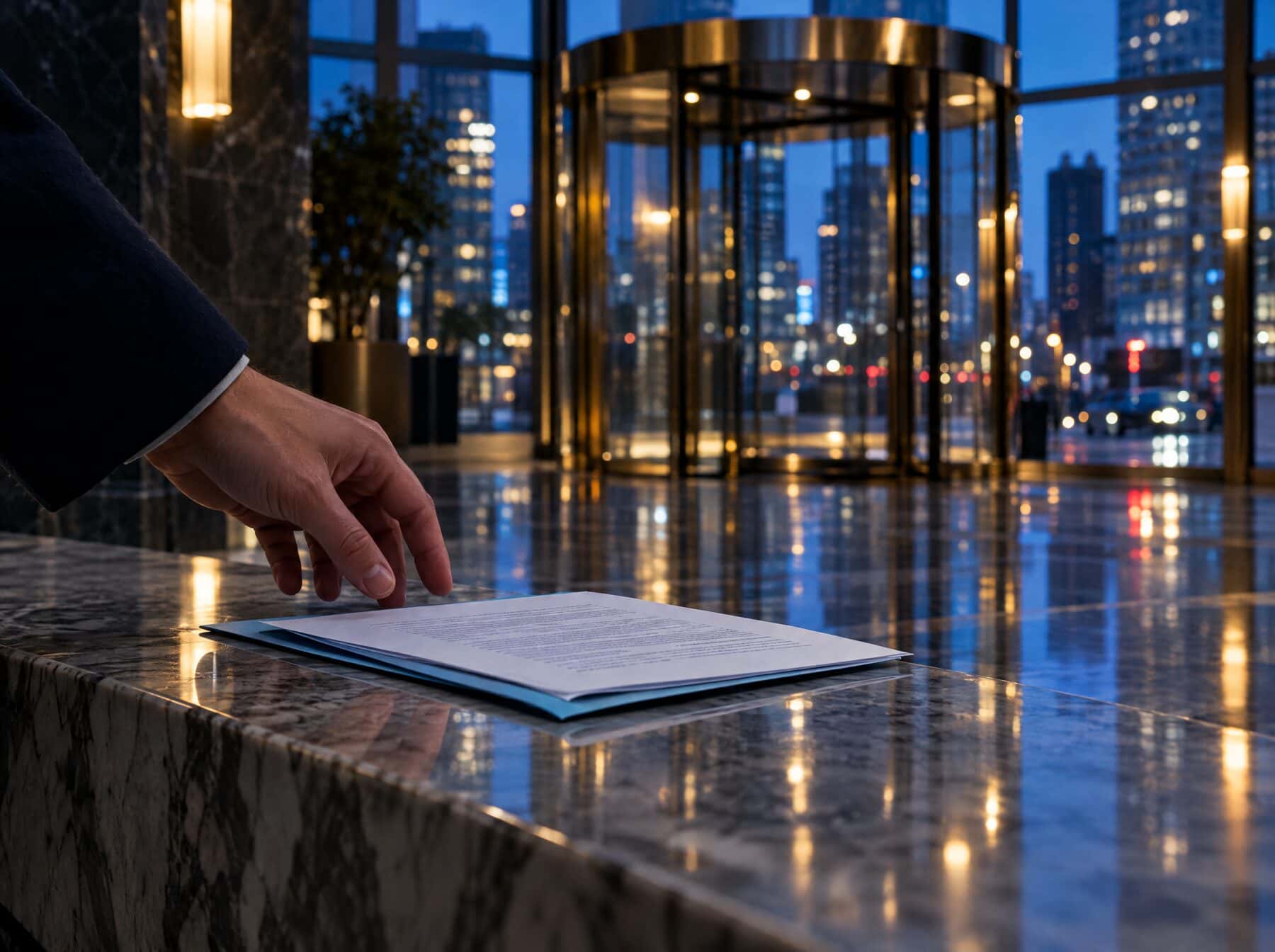 A blue-backed legal document on a marble ledge in a corporate lobby